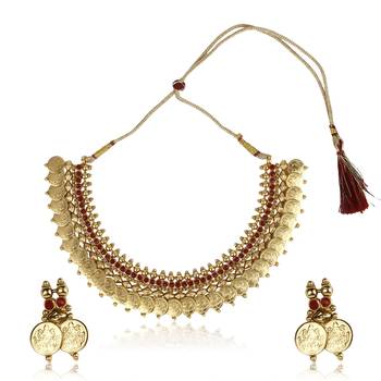 Adwitiya Collection 24 Ct Gold Plated Necklace With Red Pearls And Ginnis Works 1