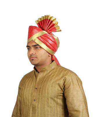Ekolhapuri Red Jari Tikli With Broad Plain Golden Border Polyester Pheta (Turban) 1