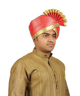 Ekolhapuri Red Jari Tikli With Broad Plain Golden Border Polyester Pheta (Turban) 2
