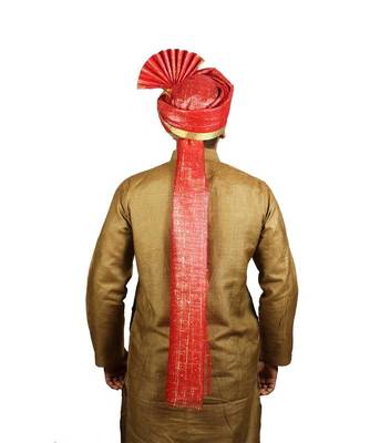 Ekolhapuri Red Jari Tikli With Broad Plain Golden Border Polyester Pheta (Turban) 3