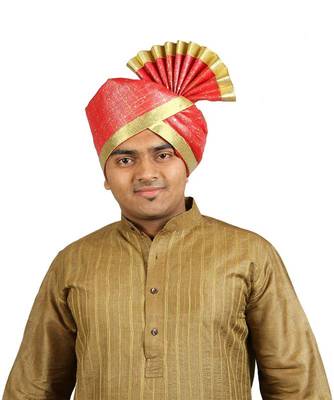 Ekolhapuri Red Jari Tikli With Broad Plain Golden Border Polyester Pheta (Turban) 4