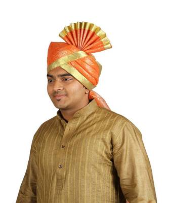 Ekolhapuri Orange Jari Tikli With Broad Plain Golden Border Polyester Pheta (Turban) 1