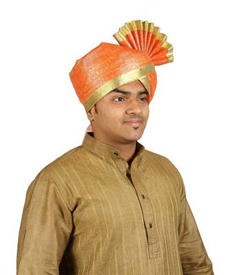 Ekolhapuri Orange Jari Tikli With Broad Plain Golden Border Polyester Pheta (Turban) 2