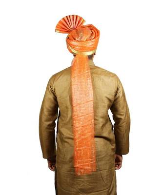 Ekolhapuri Orange Jari Tikli With Broad Plain Golden Border Polyester Pheta (Turban) 3