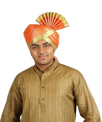 Ekolhapuri Orange Jari Tikli With Broad Plain Golden Border Polyester Pheta (Turban) 4