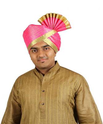 Ekolhapuri Pink Jari Tikli With Broad Plain Golden Border Polyester Pheta (Turban) 1