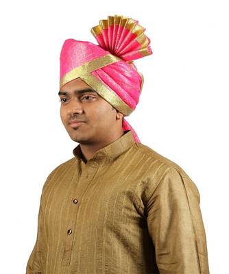 Ekolhapuri Pink Jari Tikli With Broad Plain Golden Border Polyester Pheta (Turban) 2