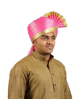Ekolhapuri Pink Jari Tikli With Broad Plain Golden Border Polyester Pheta (Turban) 3