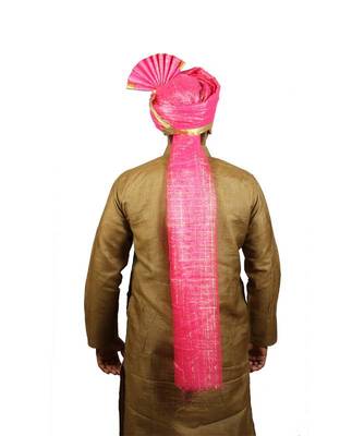 Ekolhapuri Pink Jari Tikli With Broad Plain Golden Border Polyester Pheta (Turban) 4