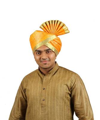 Ekolhapuri Yellow Jari Tikli With Broad Plain Golden Border Polyester Pheta (Turban) 1