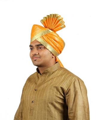 Ekolhapuri Yellow Jari Tikli With Broad Plain Golden Border Polyester Pheta (Turban) 2
