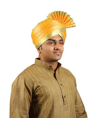 Ekolhapuri Yellow Jari Tikli With Broad Plain Golden Border Polyester Pheta (Turban) 3