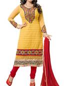 Yellow faux georgette embroidered unstitched salwar with dupatta