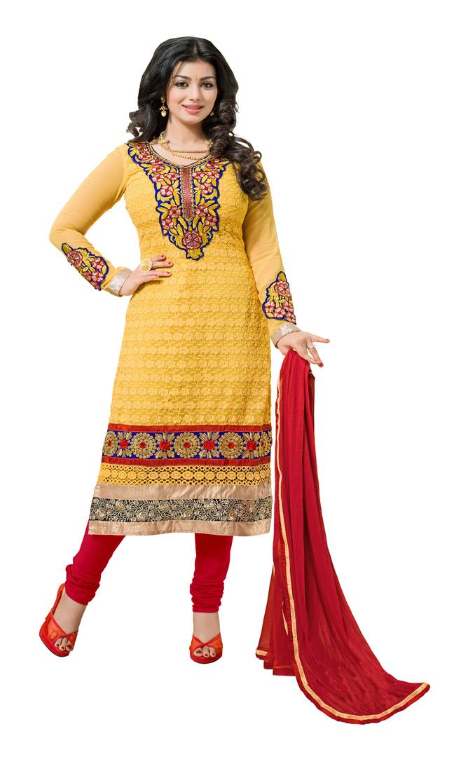 Yellow faux georgette embroidered unstitched salwar with dupatta