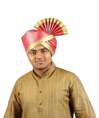 Ekolhapuri Maroon Jari Tikli With Broad Plain Golden Border Polyester Pheta (Turban) 1