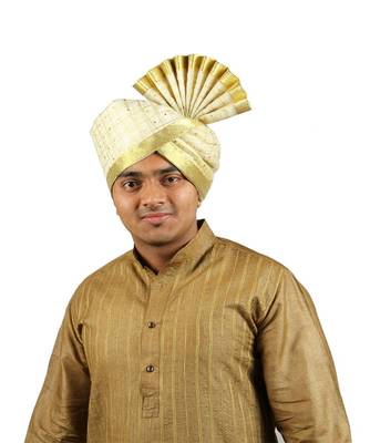 Ekolhapuri Off White Jari Tikli With Broad Plain Golden Border Polyester Pheta (Turban) 1