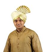 Ekolhapuri Off White Jari Tikli With Broad Plain Golden Border Polyester Pheta (Turban)