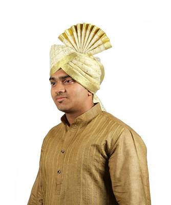 Ekolhapuri Off White Jari Tikli With Broad Plain Golden Border Polyester Pheta (Turban) 2