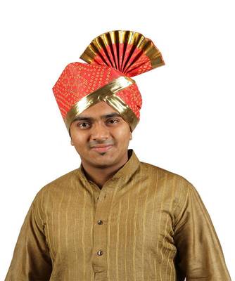 Ekolhapuri Red Bandhani Print With Broad Plain Golden Border Polyester Pheta (Turban) 1