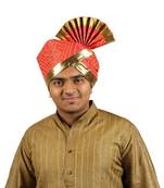 Ekolhapuri Red Bandhani Print With Broad Plain Golden Border Polyester Pheta (Turban)