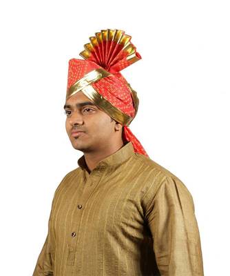 Ekolhapuri Red Bandhani Print With Broad Plain Golden Border Polyester Pheta (Turban) 2