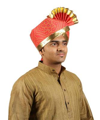 Ekolhapuri Red Bandhani Print With Broad Plain Golden Border Polyester Pheta (Turban) 3