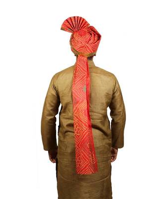 Ekolhapuri Red Bandhani Print With Broad Plain Golden Border Polyester Pheta (Turban) 4