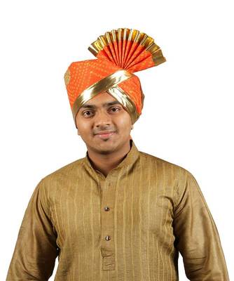 Ekolhapuri Orange Bandhani Print With Broad Plain Golden Border Polyester Pheta (Turban) 1