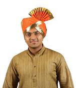 Ekolhapuri Orange Bandhani Print With Broad Plain Golden Border Polyester Pheta (Turban)