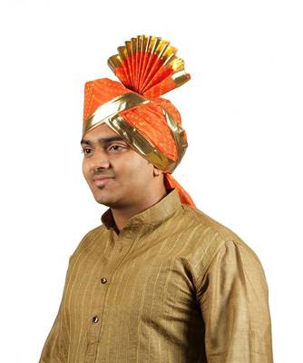 Ekolhapuri Orange Bandhani Print With Broad Plain Golden Border Polyester Pheta (Turban) 2