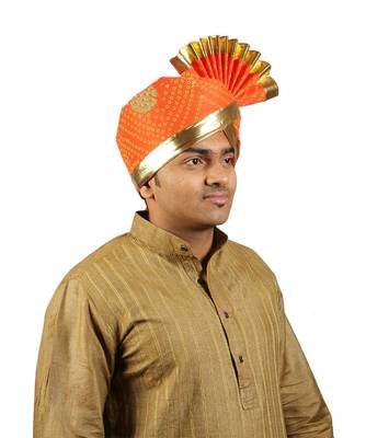 Ekolhapuri Orange Bandhani Print With Broad Plain Golden Border Polyester Pheta (Turban) 3