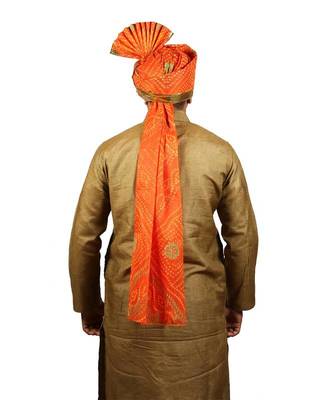 Ekolhapuri Orange Bandhani Print With Broad Plain Golden Border Polyester Pheta (Turban) 4