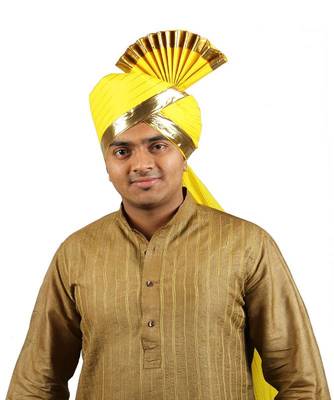 Ekolhapuri Yellow Jari Lining With Broad Plain Golden Border Polyester Pheta (Turban) 1