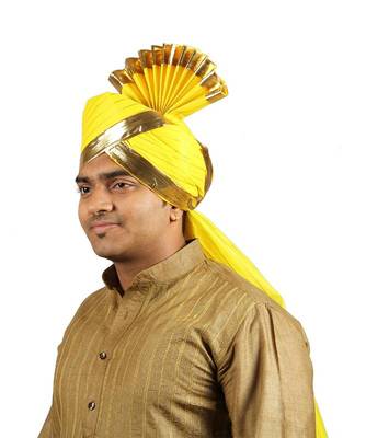 Ekolhapuri Yellow Jari Lining With Broad Plain Golden Border Polyester Pheta (Turban) 2