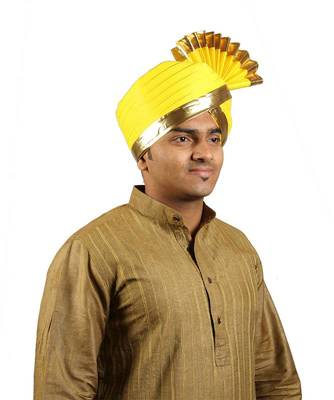 Ekolhapuri Yellow Jari Lining With Broad Plain Golden Border Polyester Pheta (Turban) 3