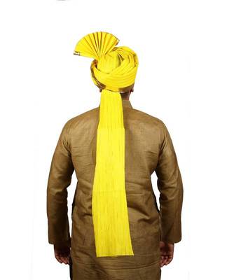 Ekolhapuri Yellow Jari Lining With Broad Plain Golden Border Polyester Pheta (Turban) 4