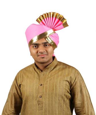 Ekolhapuri Solid Pink With Broad Plain Golden Border Cotton Pheta (Turban) 1