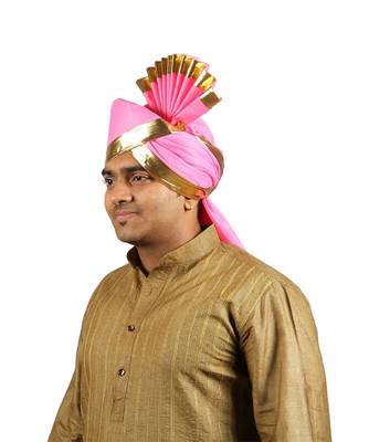 Ekolhapuri Solid Pink With Broad Plain Golden Border Cotton Pheta (Turban) 2