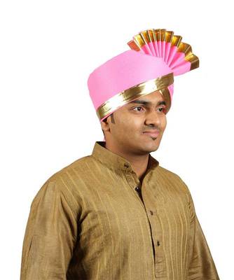 Ekolhapuri Solid Pink With Broad Plain Golden Border Cotton Pheta (Turban) 3