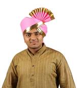 Ekolhapuri Solid Pink With Broad Plain Golden Border Polyester Pheta (Turban)