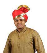 Ekolhapuri Solid Red With Broad Plain Golden Border Cotton Pheta (Turban)