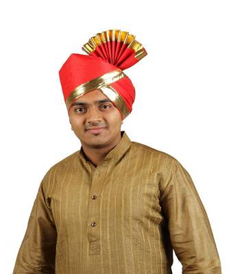 Ekolhapuri Solid Red With Broad Plain Golden Border Polyester Pheta (Turban) 1
