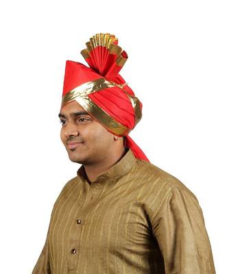 Ekolhapuri Solid Red With Broad Plain Golden Border Polyester Pheta (Turban) 2