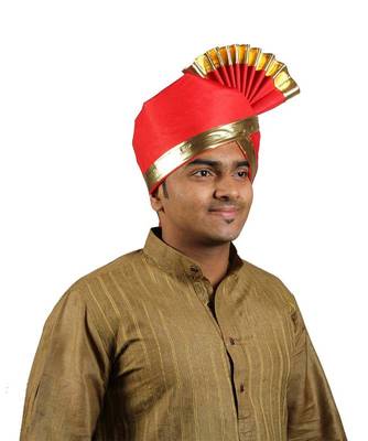 Ekolhapuri Solid Red With Broad Plain Golden Border Polyester Pheta (Turban) 3