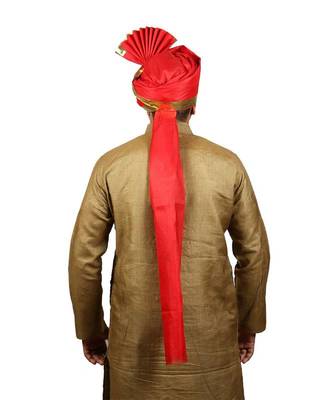 Ekolhapuri Solid Red With Broad Plain Golden Border Polyester Pheta (Turban) 4