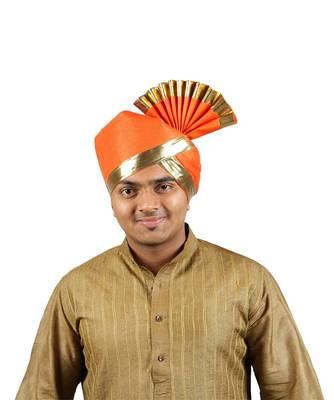 Ekolhapuri Solid Orange With Broad Plain Golden Border Polyester Pheta (Turban) 1
