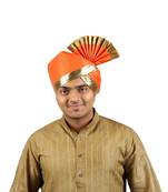 Ekolhapuri Solid Orange With Broad Plain Golden Border Polyester Pheta (Turban)