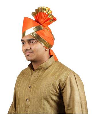 Ekolhapuri Solid Orange With Broad Plain Golden Border Polyester Pheta (Turban) 2