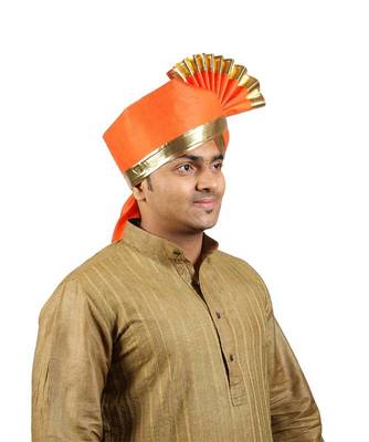 Ekolhapuri Solid Orange With Broad Plain Golden Border Polyester Pheta (Turban) 3