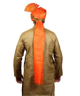 Ekolhapuri Solid Orange With Broad Plain Golden Border Polyester Pheta (Turban) 4